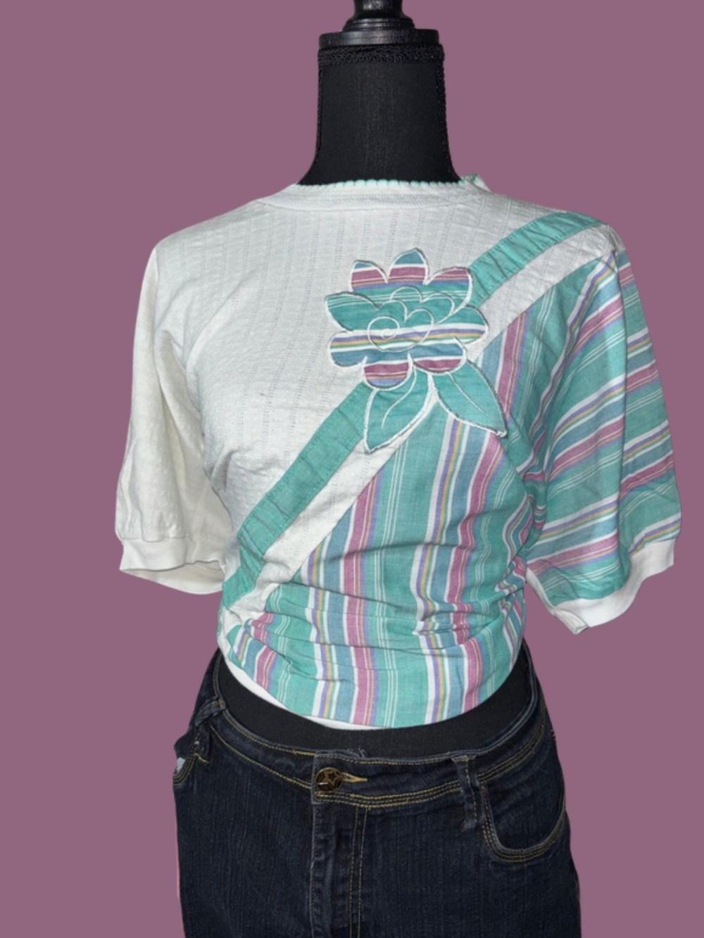 Vintage 90s Colorblock Stripe Floral Applique Tee Made in USA Relaxed Fit